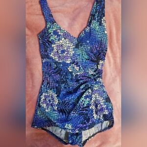 Le Cove One Piece Blue Floral Swimsuit Size 12 EUC